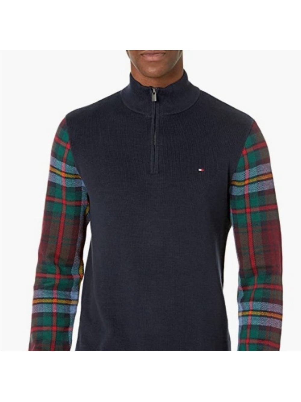 Tommy Hilfiger Men’s Navy quarter-Zip Sweater with Plaid Sleeves